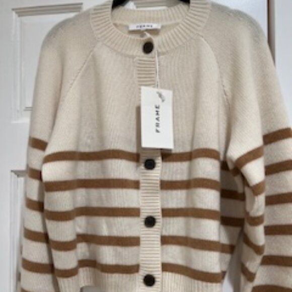 NWT Frame Pretty Breton Cream/Taupe Stripe Cardigan 100% Soft Cashmere Size M - Picture 1 of 10